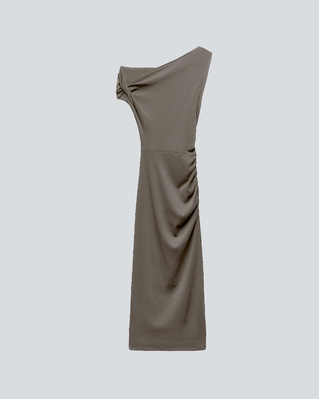 Slant Neck Draped Shoulder Grey Dress