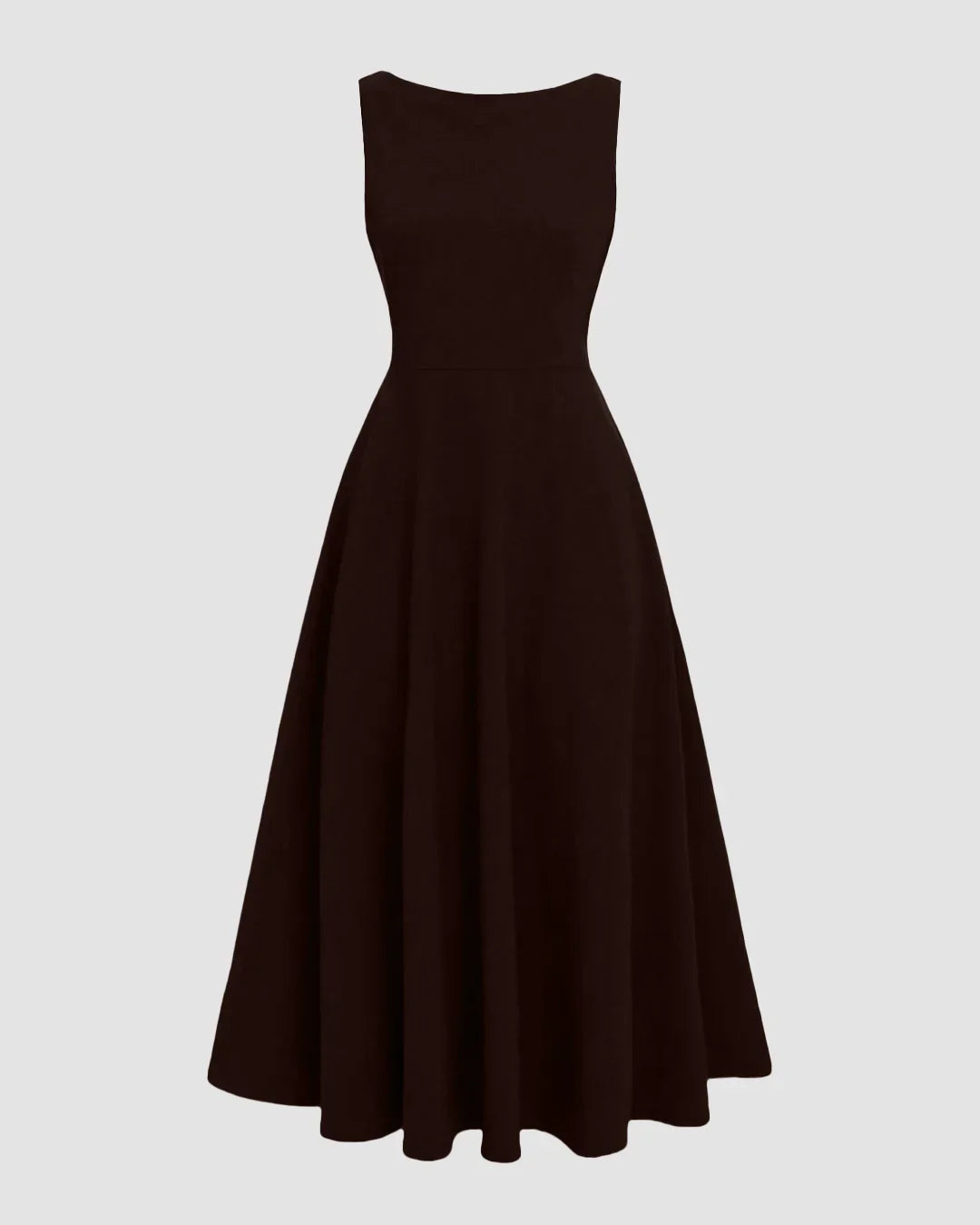 Sleeveless Boat Neck Fit & Flare Midi Dress in Brown