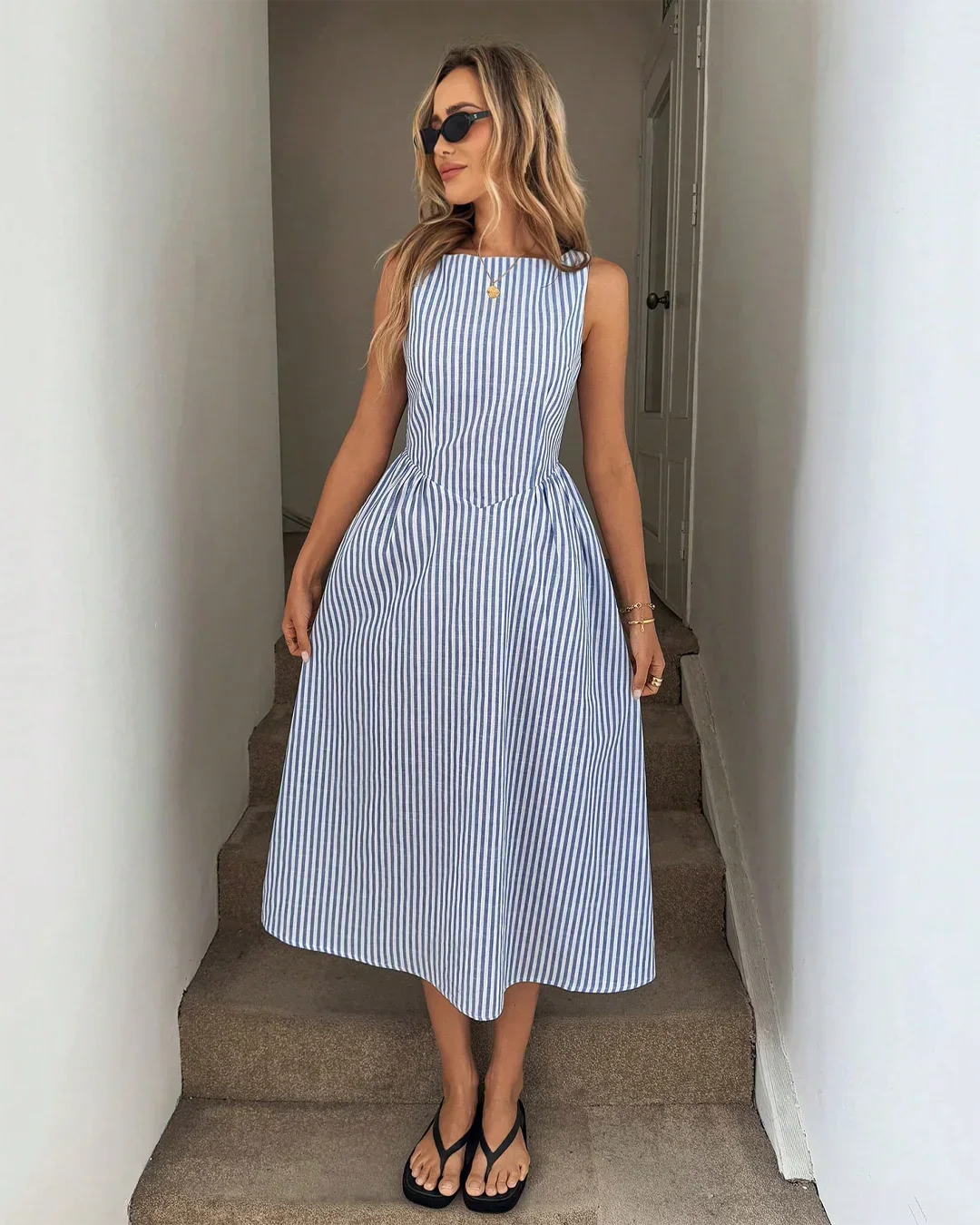 Sleeveless Boat Neckline Striped Maxi Dress