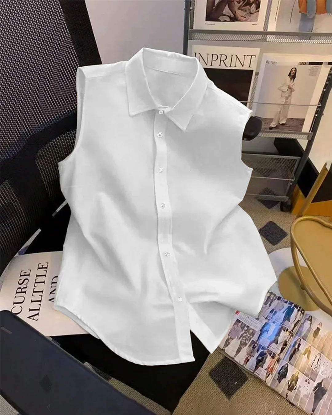 Sleeveless Button Down Collared Shirt in White