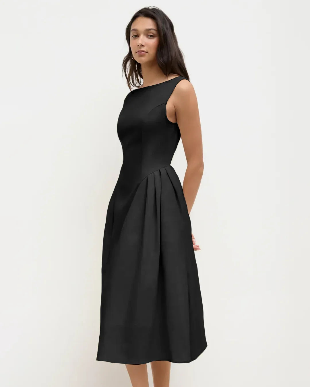 Sleeveless Flared Midi Dress in Black