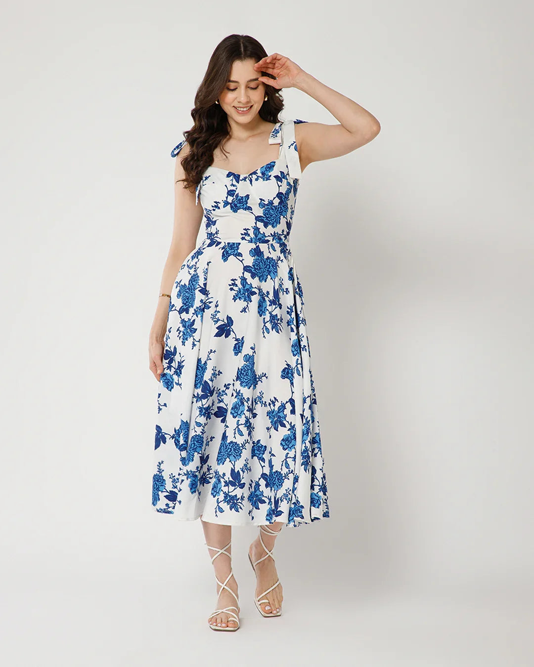 Sleeveless Floral Print Tie-Strap Midi Dress