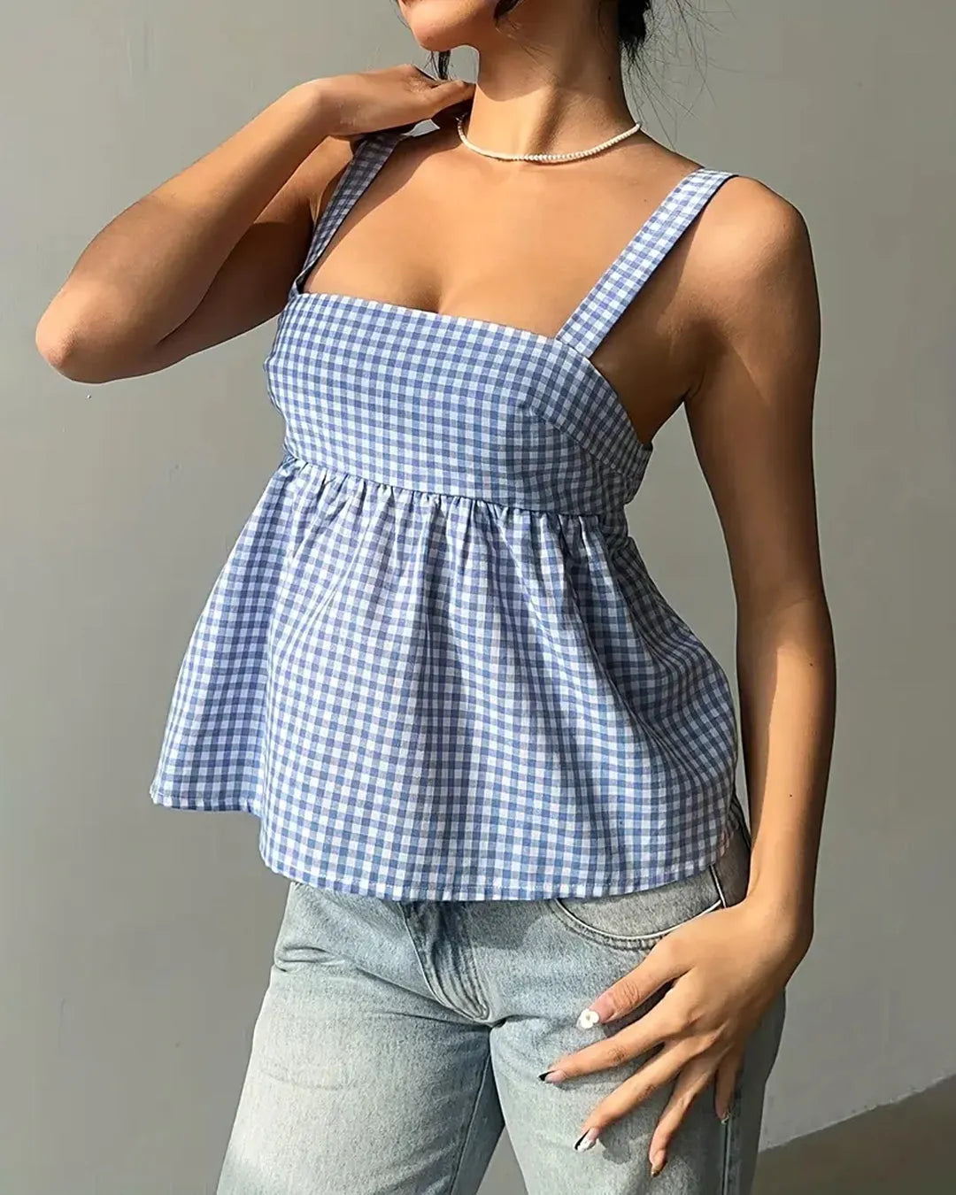 Sleeveless Gingham Flare Top