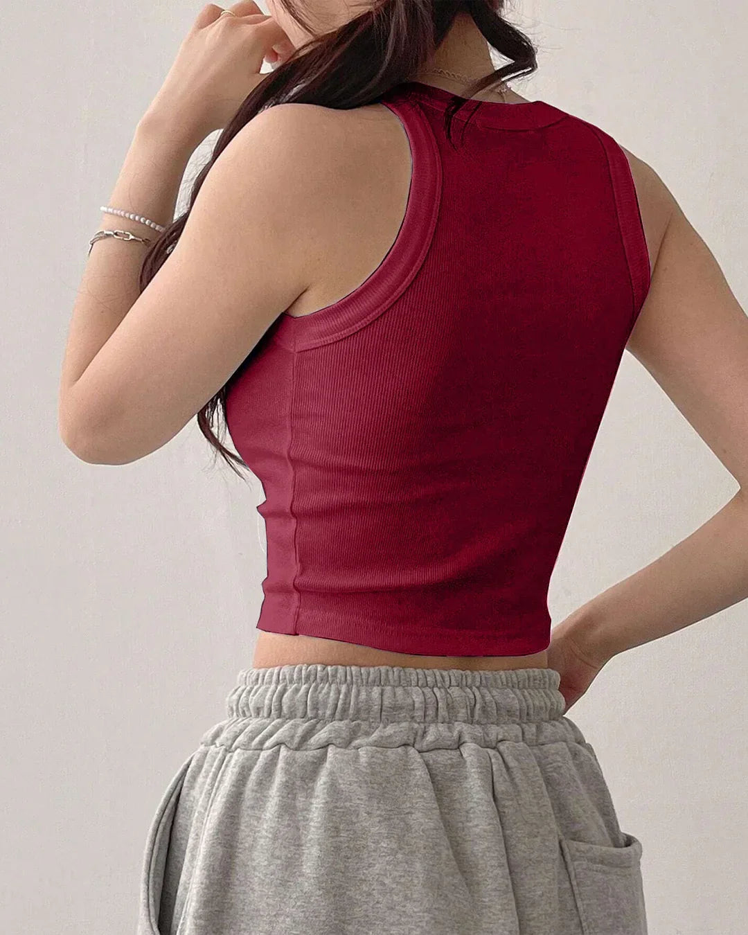 Sleeveless Ribbed High Neck Crop Top in Maroon
