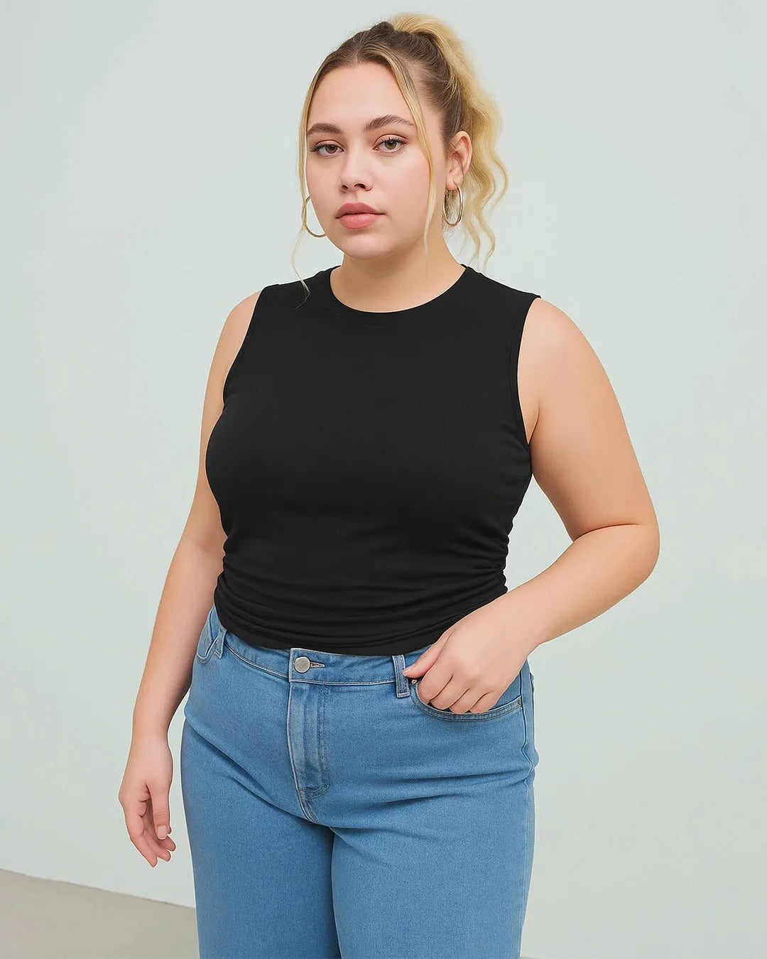 Sleeveless Ruched Black Crop Top Curve & Plus