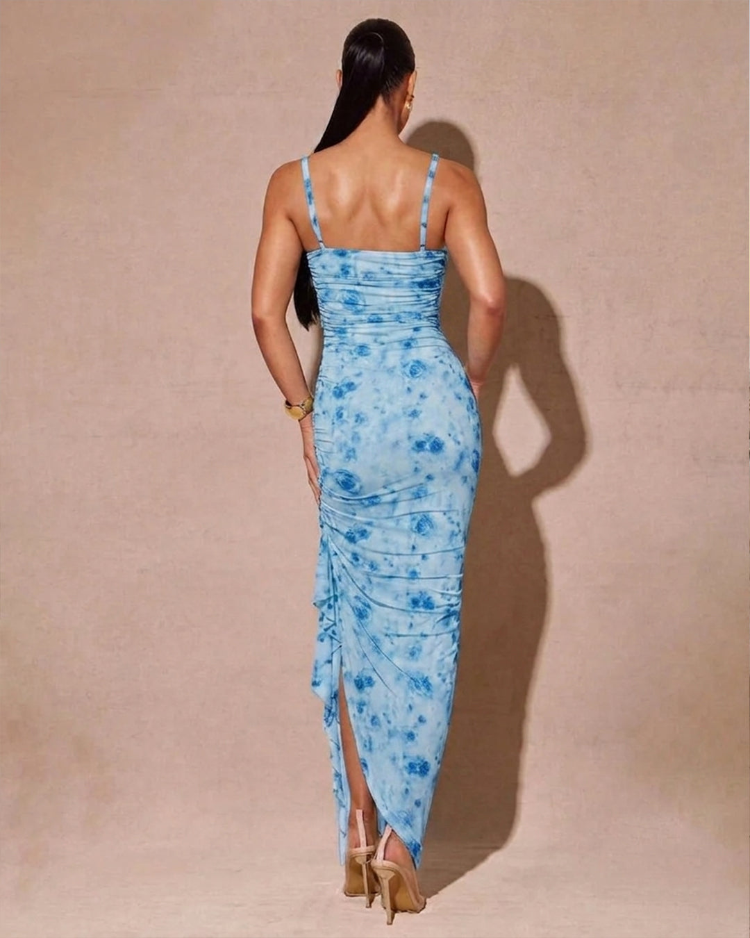 Sleeveless Ruffle High Slit Bodycon Floral Dress in Sky Blue