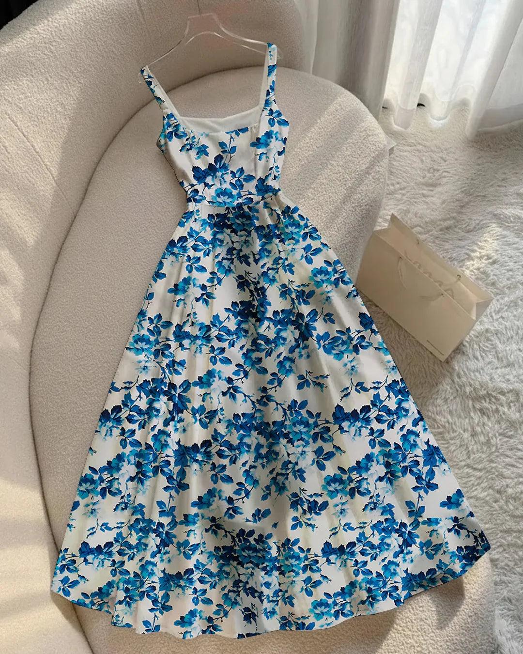 Sleeveless Square Neck Fit & Flare Floral Maxi Dress in White and Blue