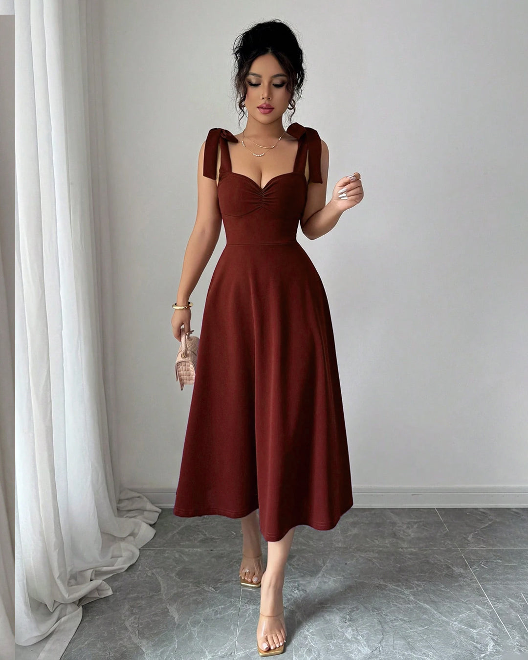 Sleeveless Tie-Up Bow A-Line Dress in Maroon