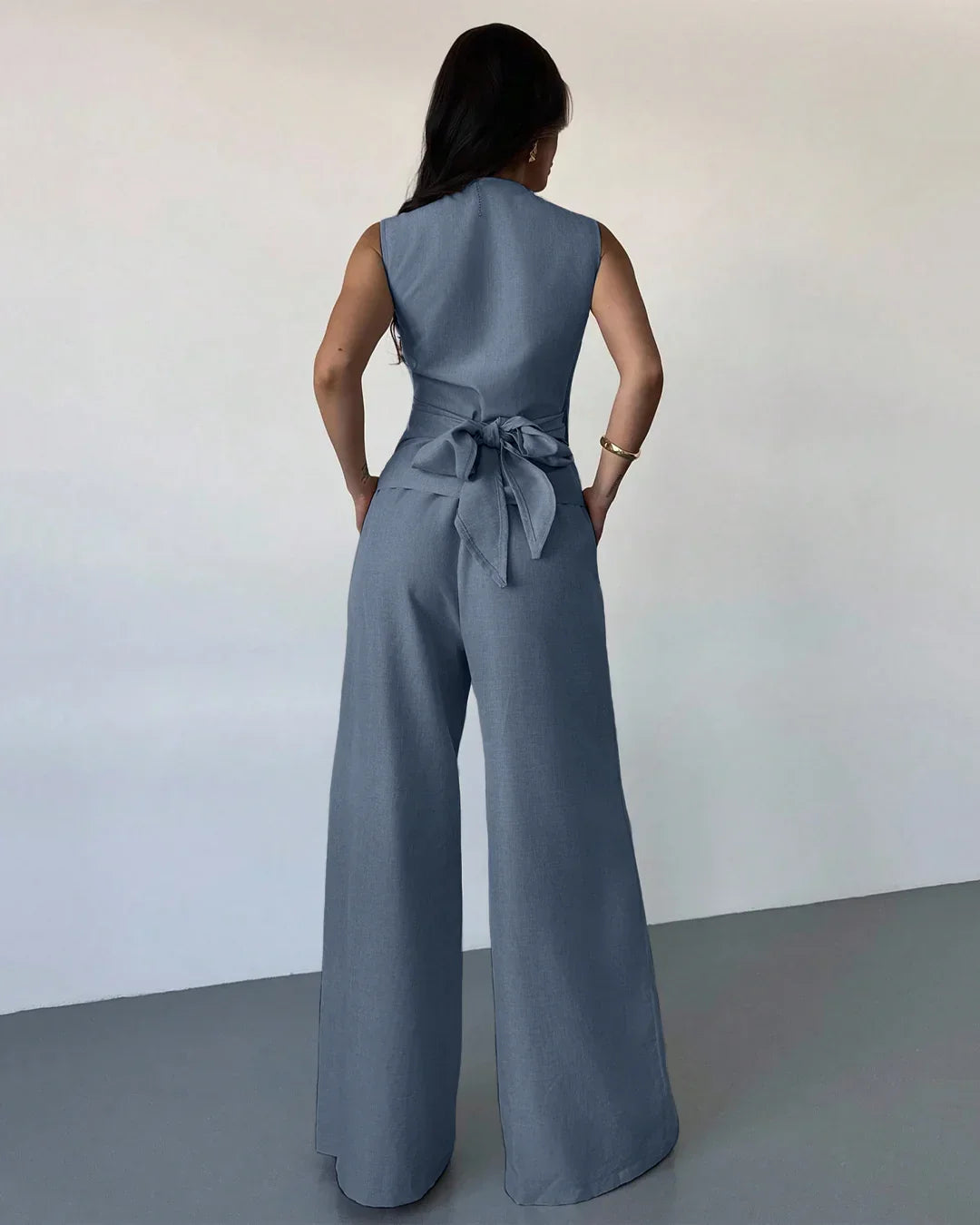 Sleeveless Wrap Top & Wide-Leg Trousers Matching Set in French Blue