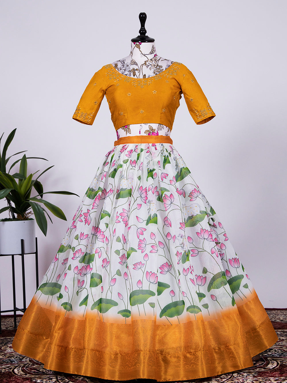 White Color Digital Printed Soft Cotton Half Saree Set Lehenga