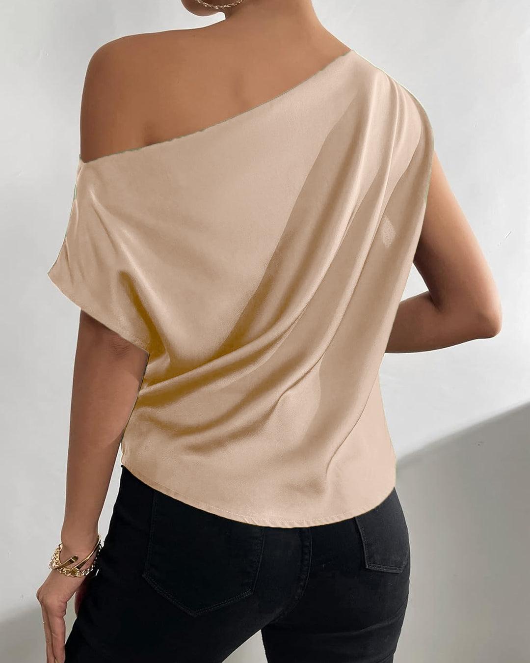 Solid Asymmetrical Neck Batwing Sleeve Satin Top In Peach