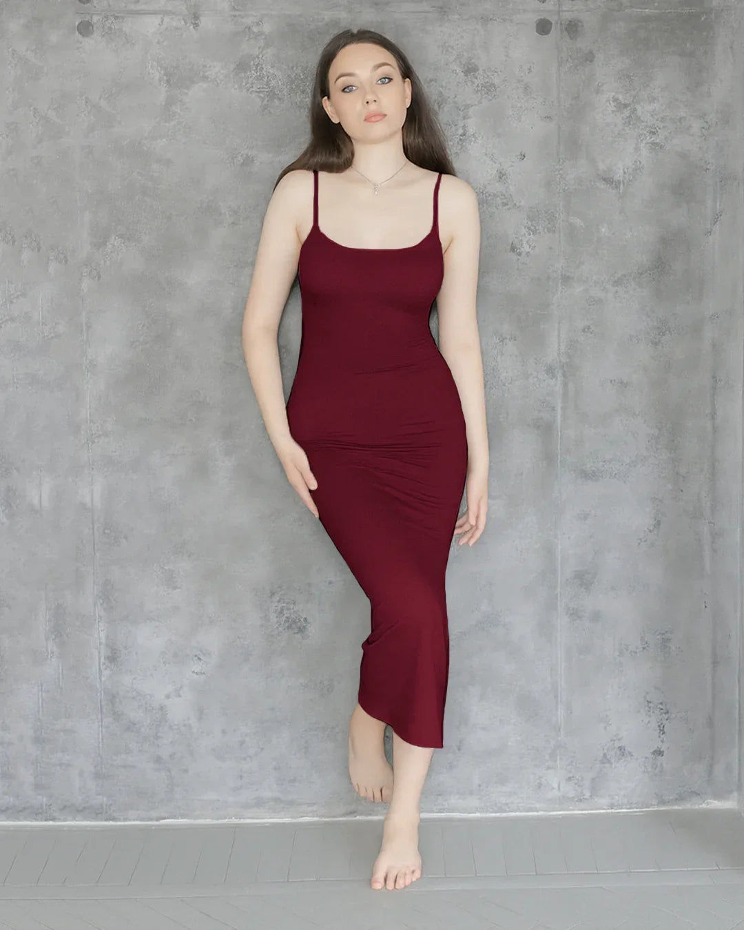 Solid Burgundy Contour Maxi Dress With Thin Straps