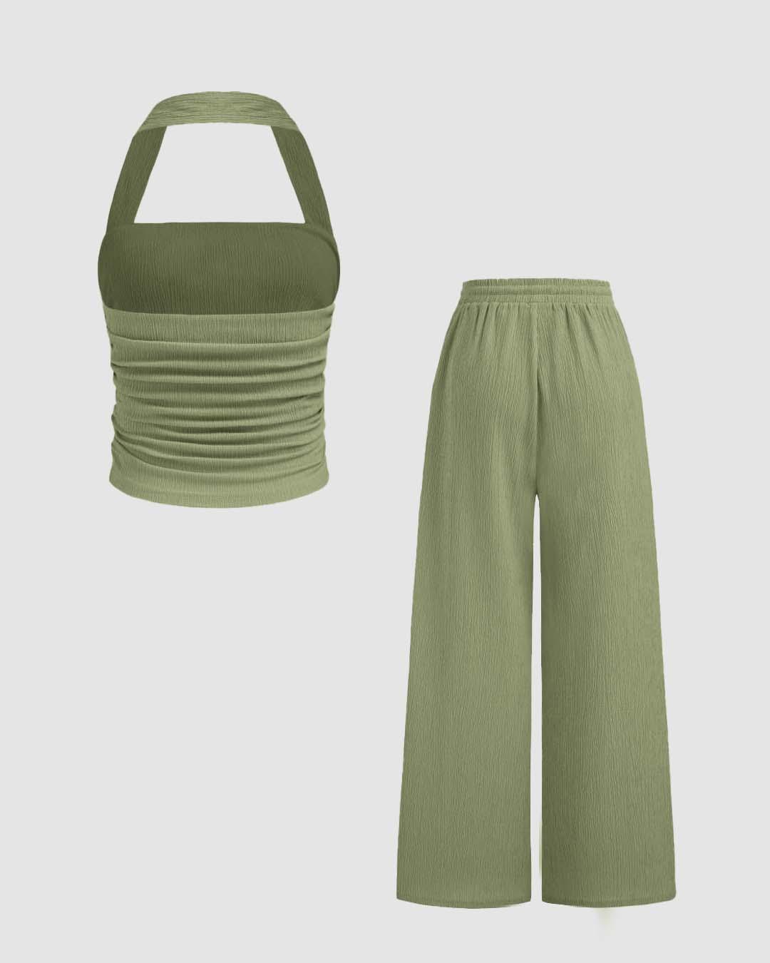 Solid Color Back Cut Tank Top & Wide Leg Pants Set In Green