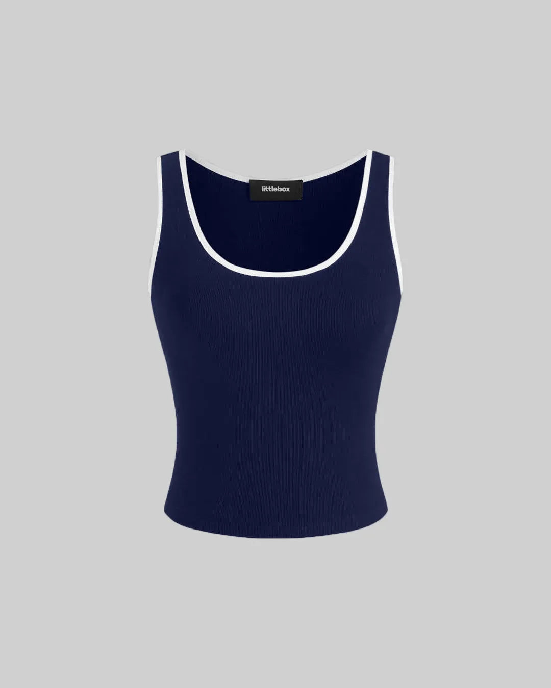 Solid Color Round Neck Ribbed Tank Top In Navy Blue
