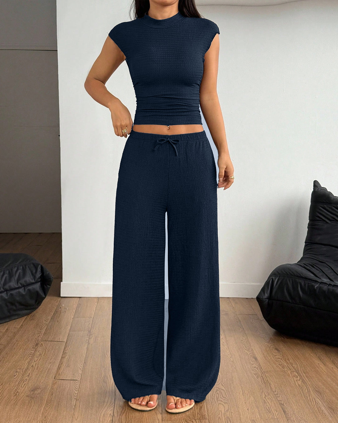 Solid Color Stand Collar Pleated Top and Wide Leg Pants Two Piece Set