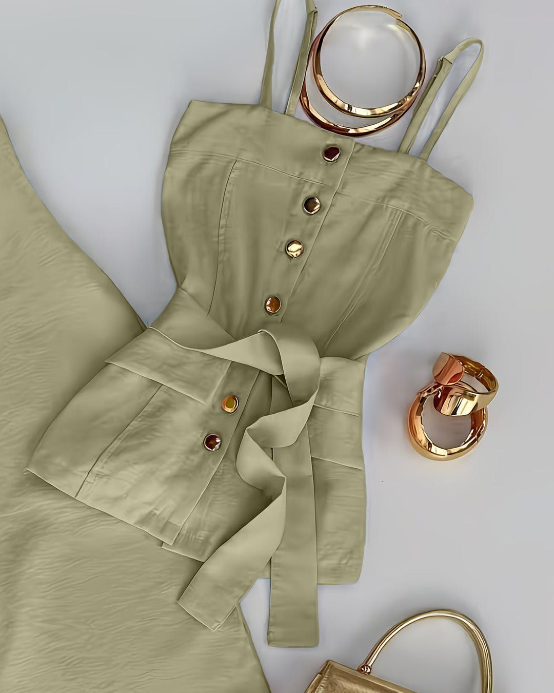 Solid Color Strappy Top and Long Pants Two Piece Set in Herbal