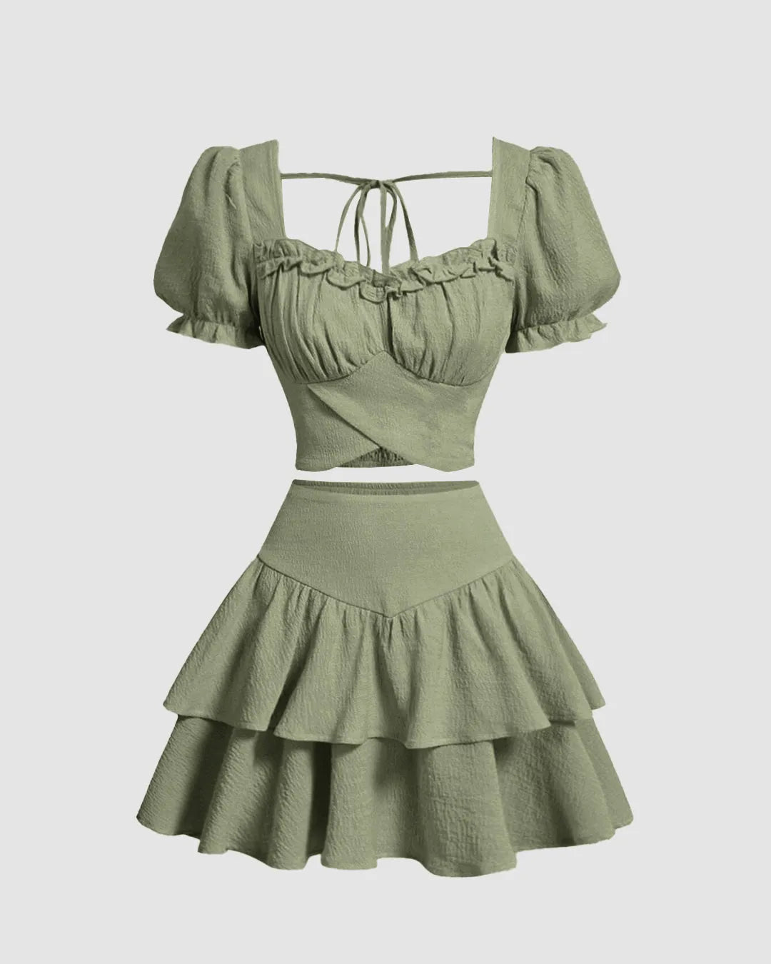 Solid Color Vintage Top And Skirt In Herbal Green