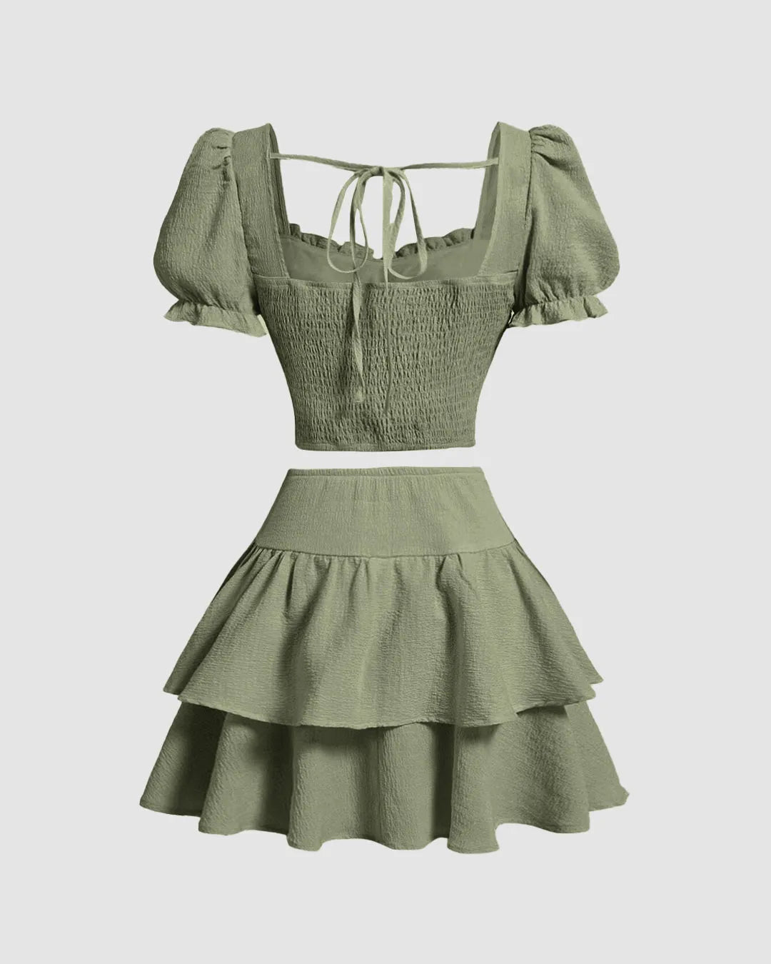 Solid Color Vintage Top And Skirt In Herbal Green