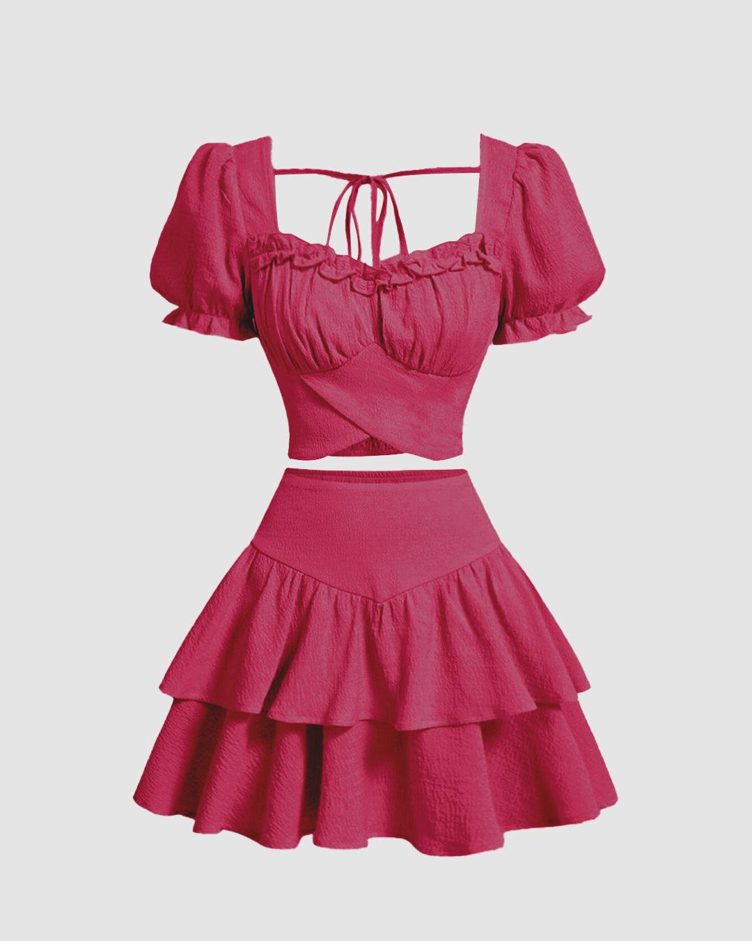 Solid Color Vintage Top And Skirt In Hot Pink
