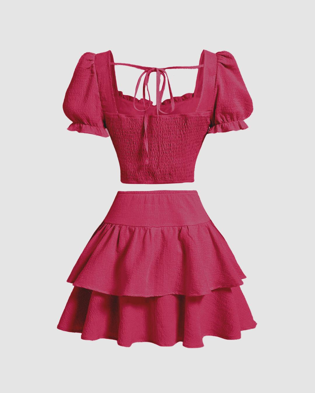 Solid Color Vintage Top And Skirt In Hot Pink