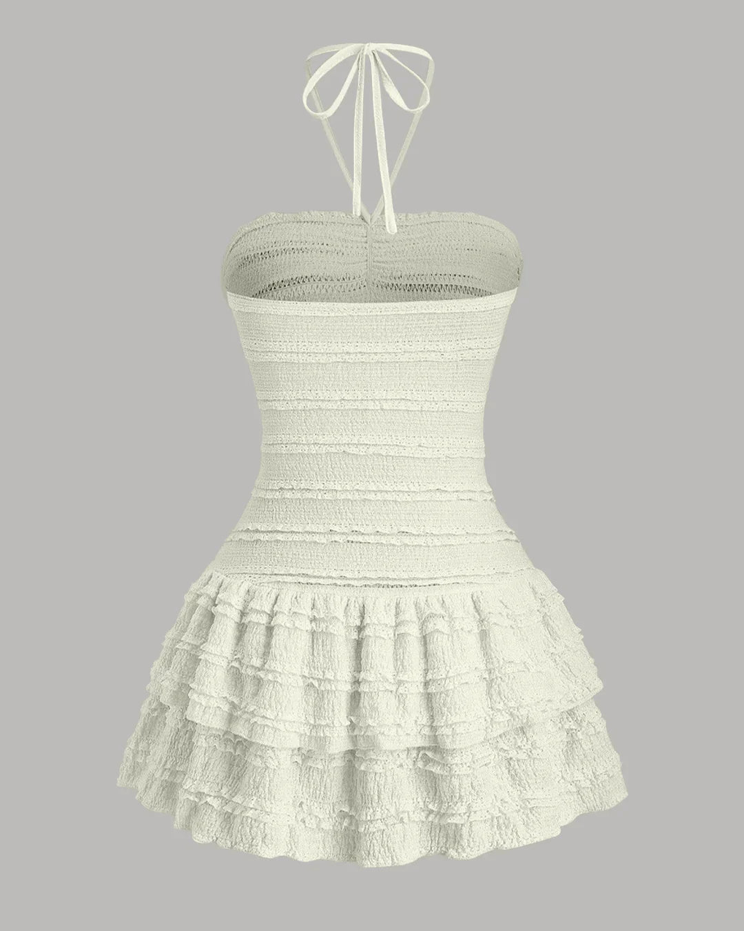 Solid Colour Textured Halter Neck Ruffle Hem Dress in Cream