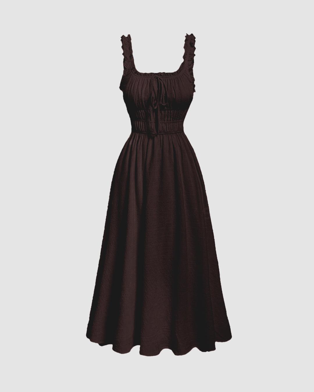 Solid Frill Trim Tie Front Chocolate Brown Midi Dress