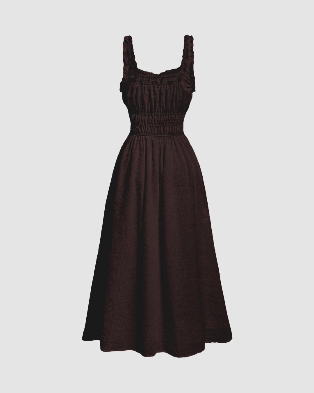 Solid Frill Trim Tie Front Chocolate Brown Midi Dress