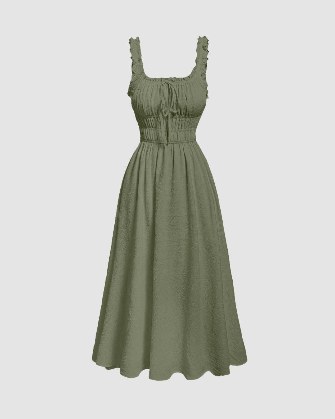Solid Frill Trim Tie Front Green Dress