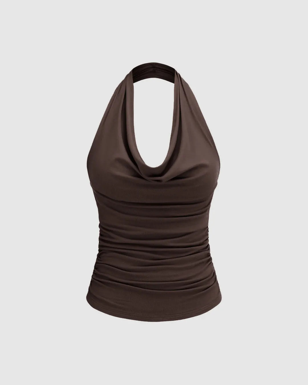 Solid Ruched Halter Neck Chocolate Brown Top