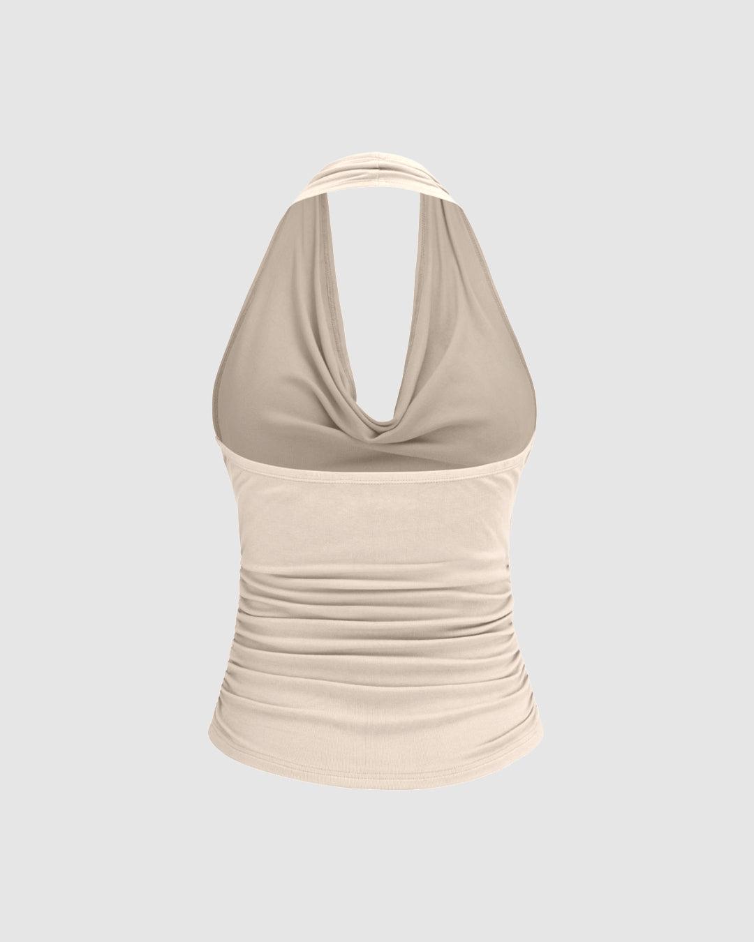 Solid Ruched Halter Neck Off-White Top