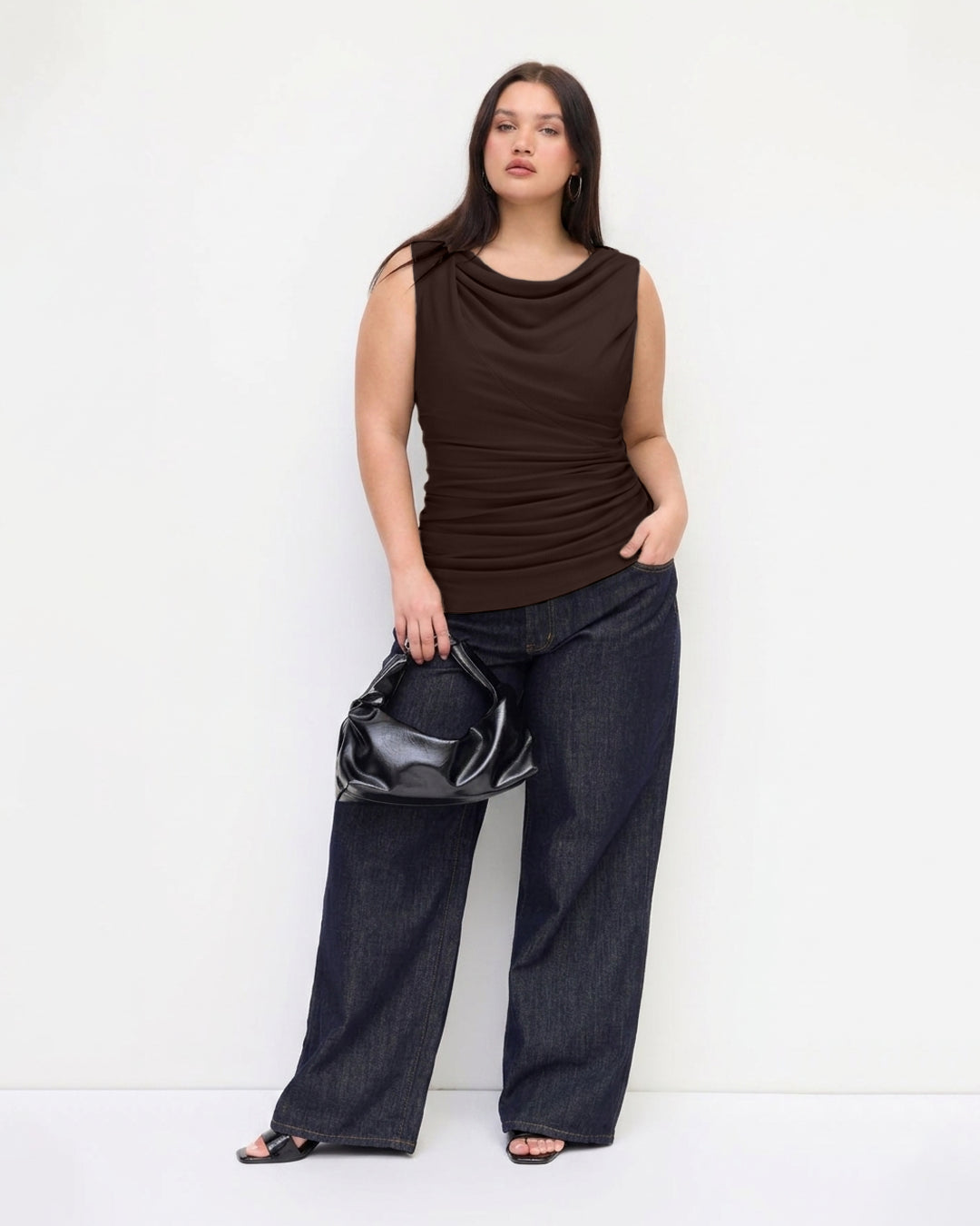 Solid Ruched Round Neck Crop Top Curve and Plus In Chocolate Brown