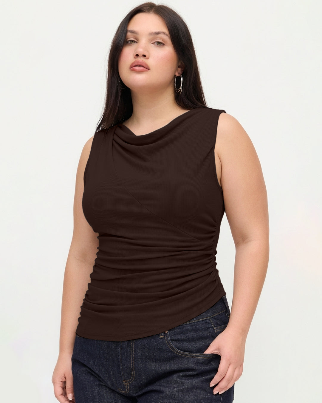 Solid Ruched Round Neck Crop Top Curve and Plus In Chocolate Brown