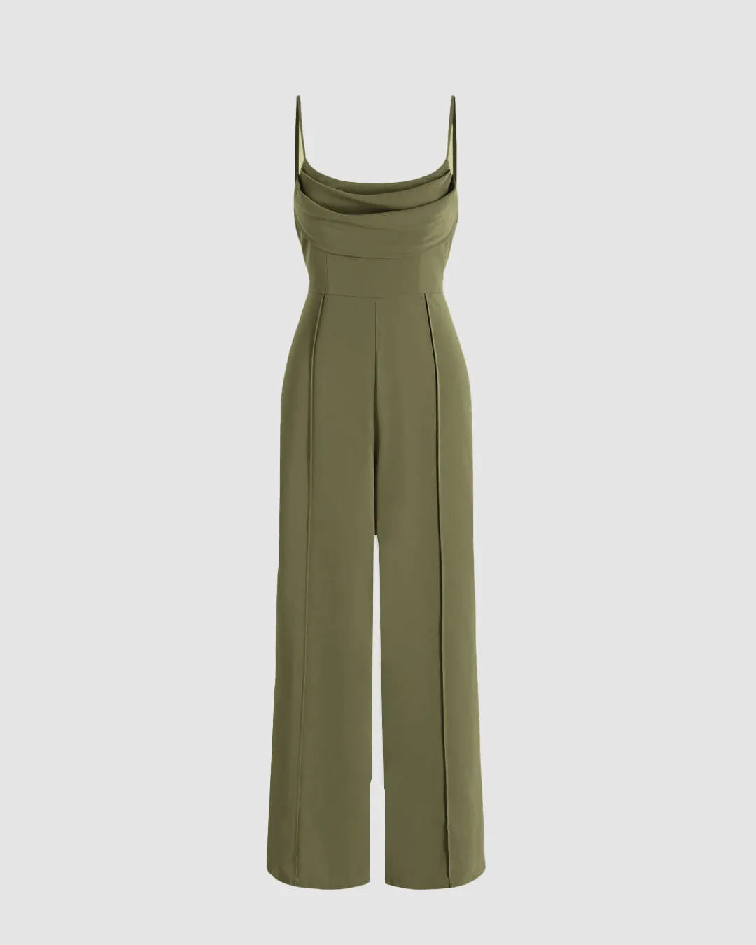 Solid Ruched Strappy-Sleeves Green Jumpsuit