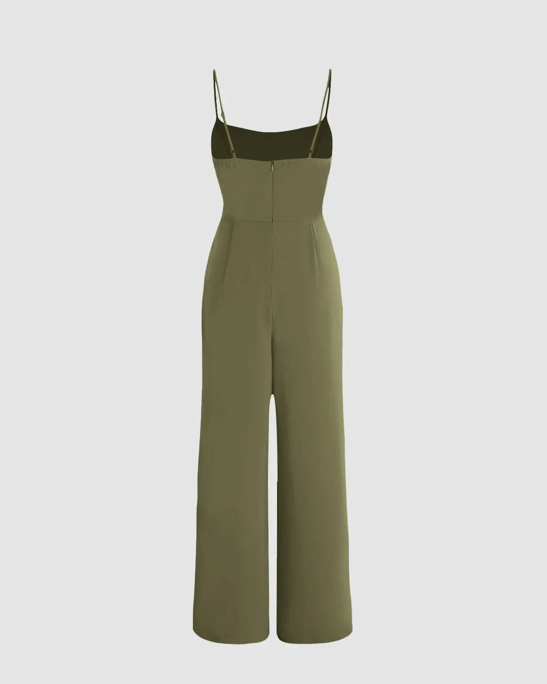 Solid Ruched Strappy-Sleeves Green Jumpsuit