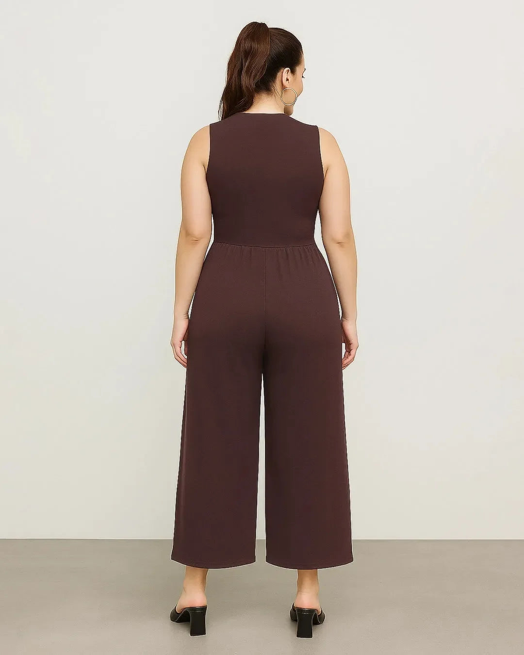 Solid Sleeveless Wide Leg Brown Jumpsuit Curve & Plus