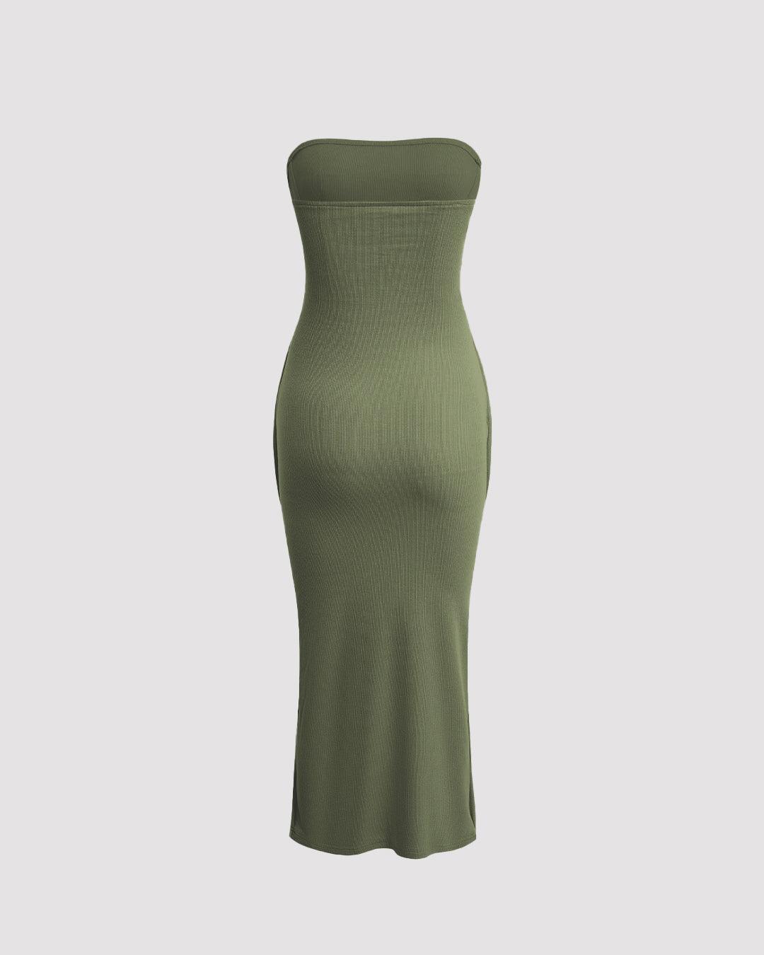 Solid Strapless Green Midi Dress