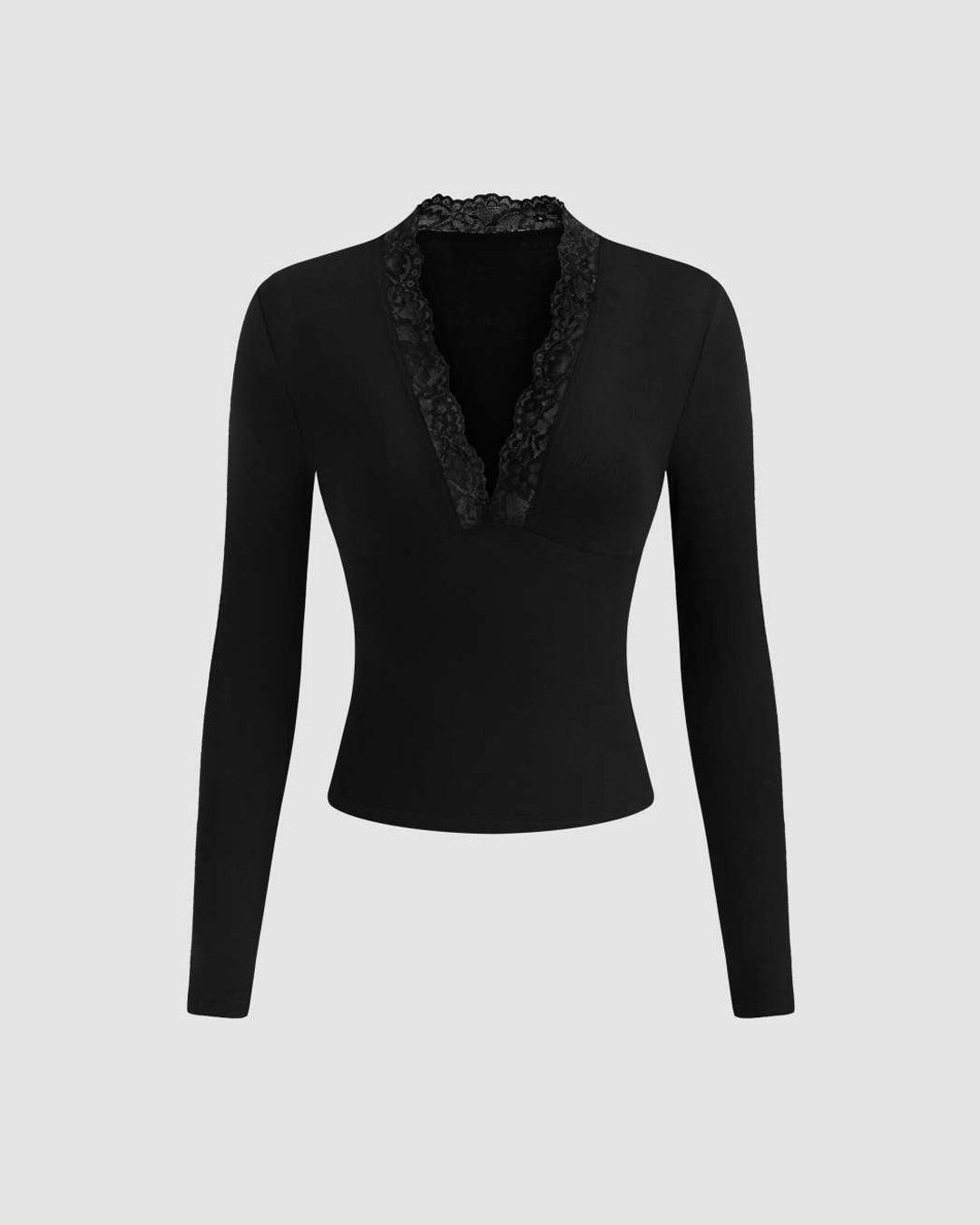 Solid V Neck Long Sleeve Lace Top