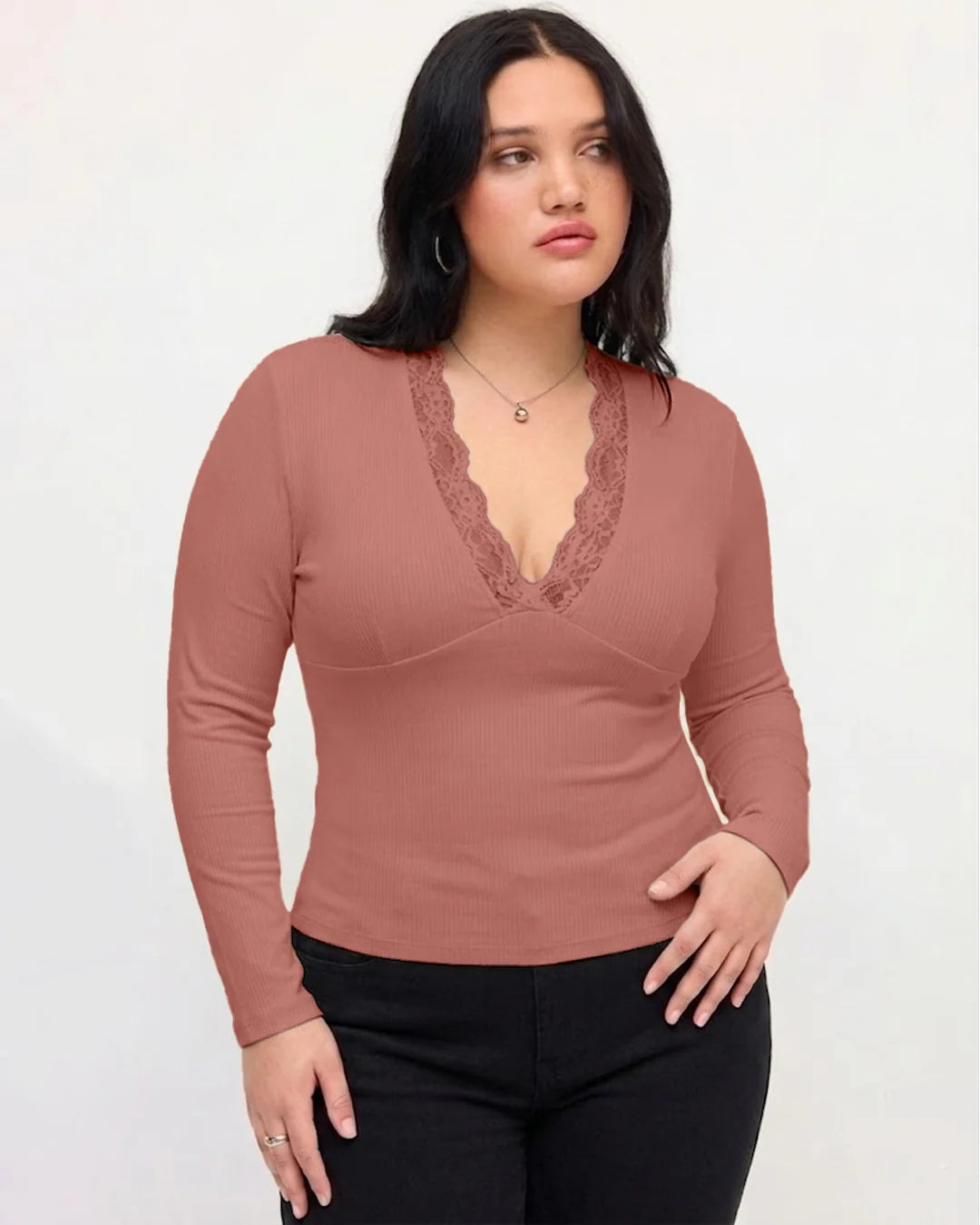 Solid V Neck Long Sleeve Lace Top Curve and Plus in Dusty Pink