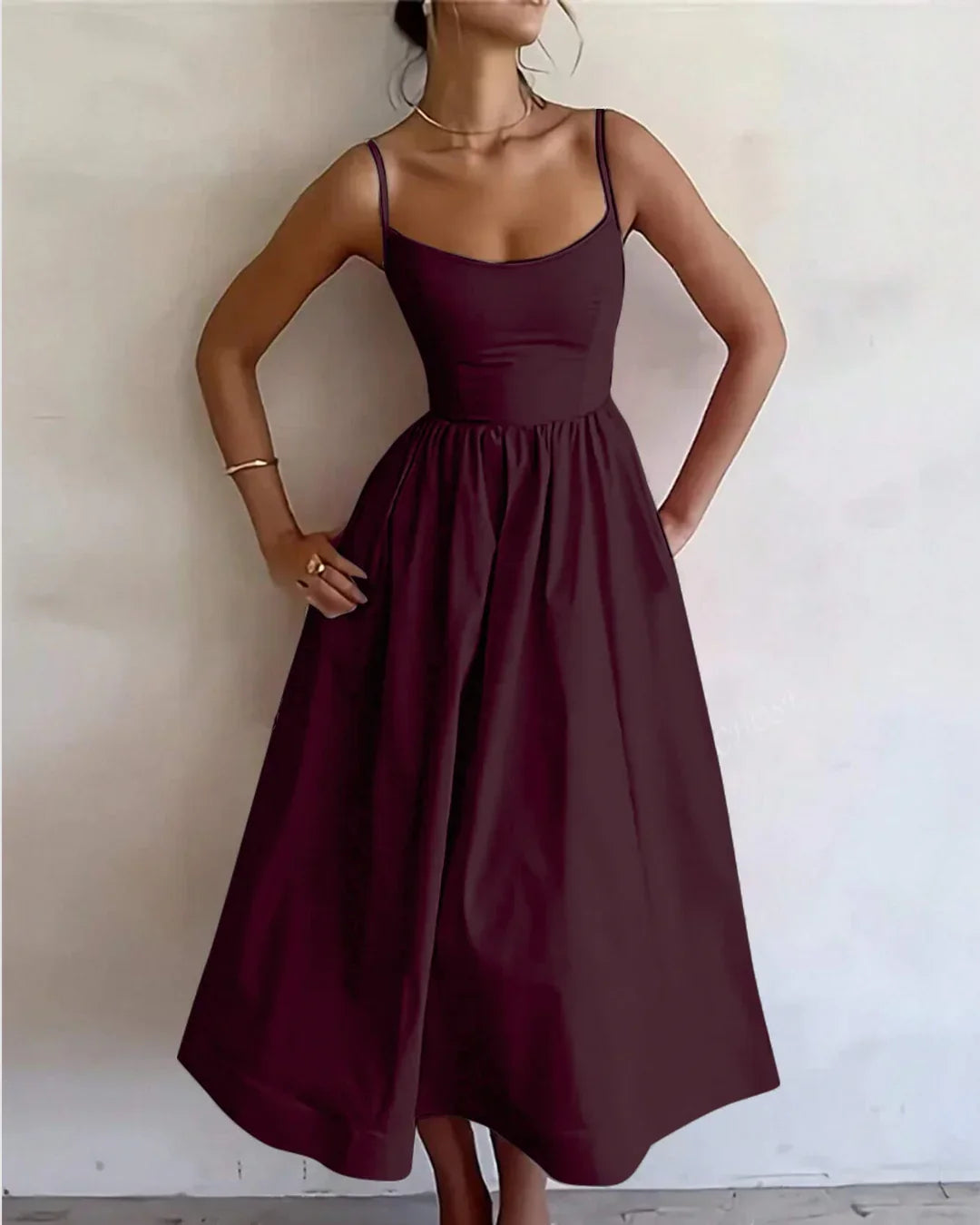 Spaghetti Strap Fit & Flare Sleeveless Midi Dress in Burgundy