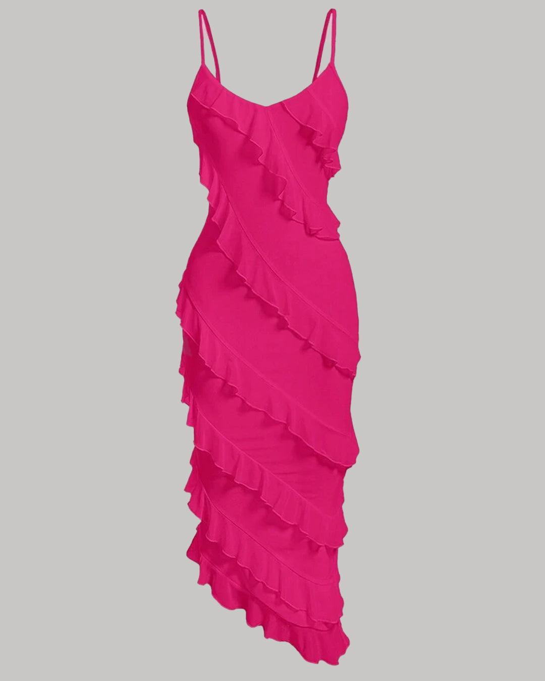 Spaghetti Strap Ruffle Trim Asymmetrical Pink Cami Dress