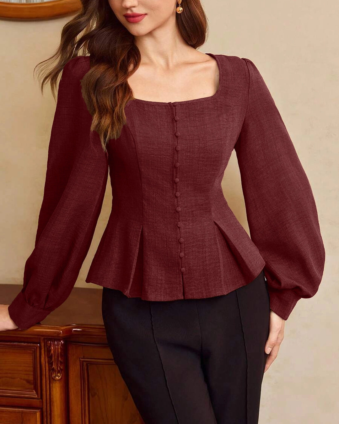 Square Neck Button-Up Peplum Top in Maroon