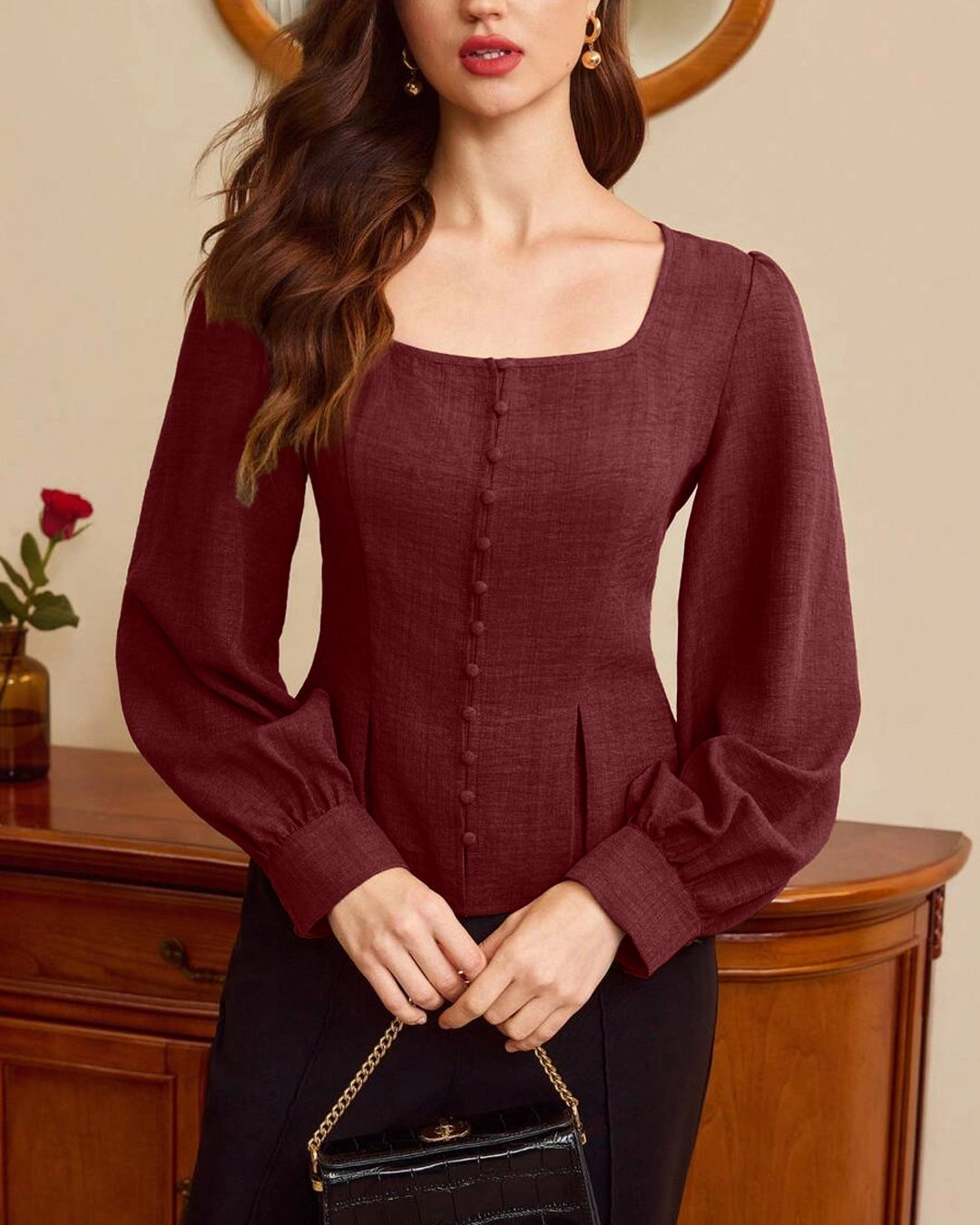 Square Neck Button-Up Peplum Top in Maroon