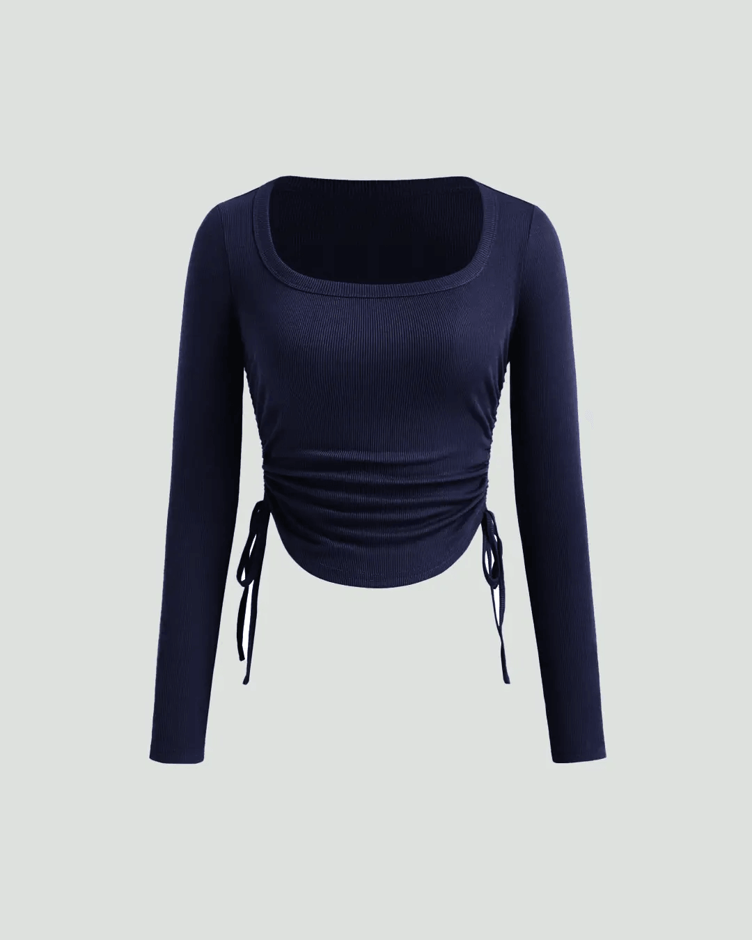 Square Neck Drawstring Long Sleeve Top In Navy Blue