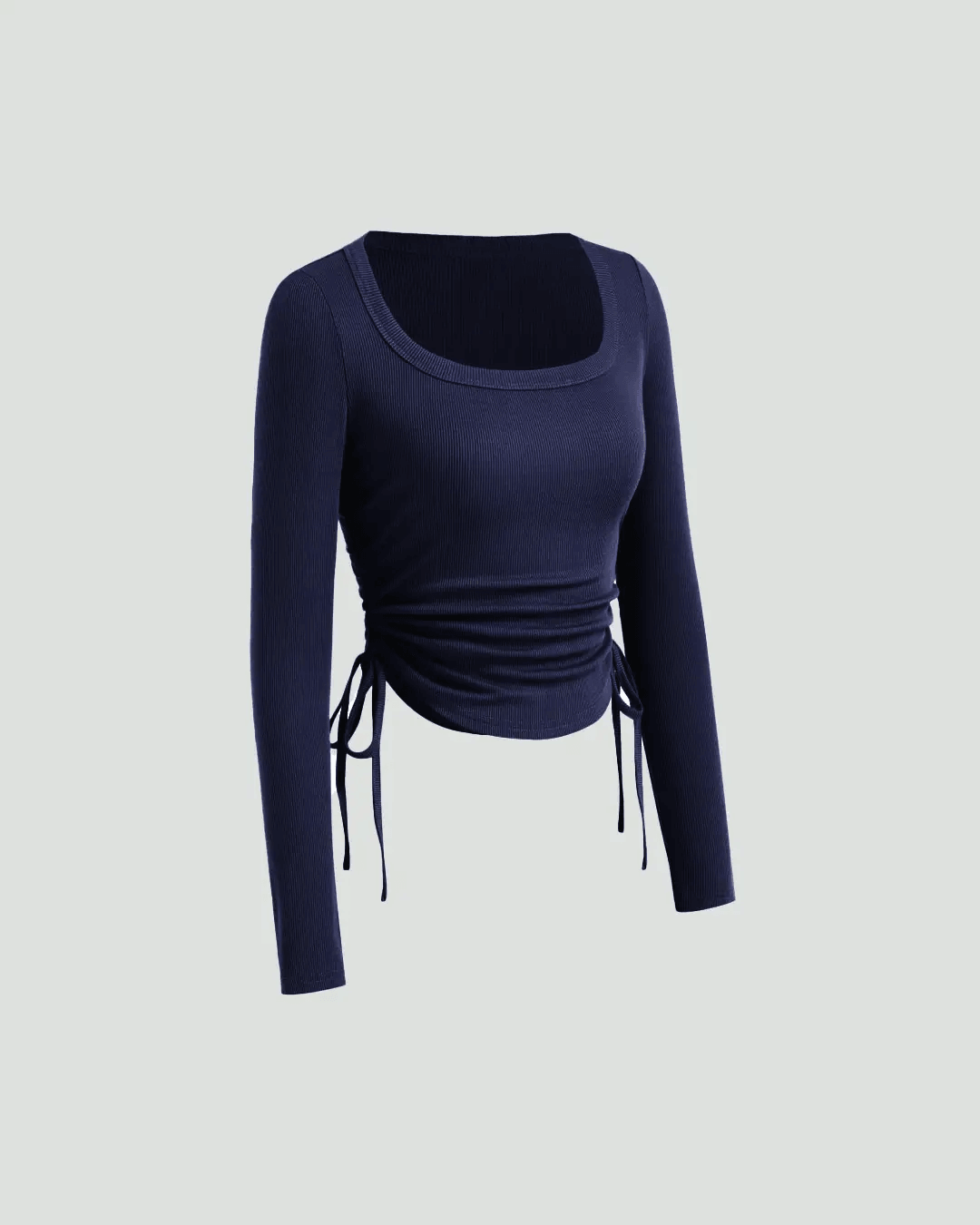 Square Neck Drawstring Long Sleeve Top In Navy Blue