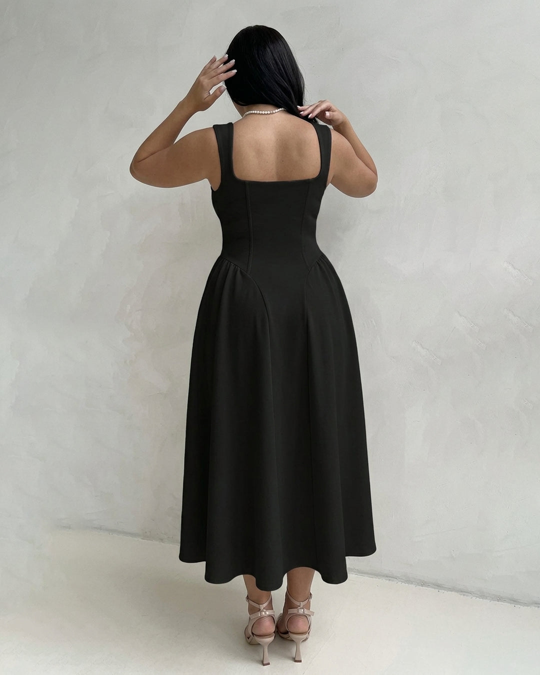Square Neck Fit And Flare Sleeveless Midi Dress Curve and Plus in Classic Black