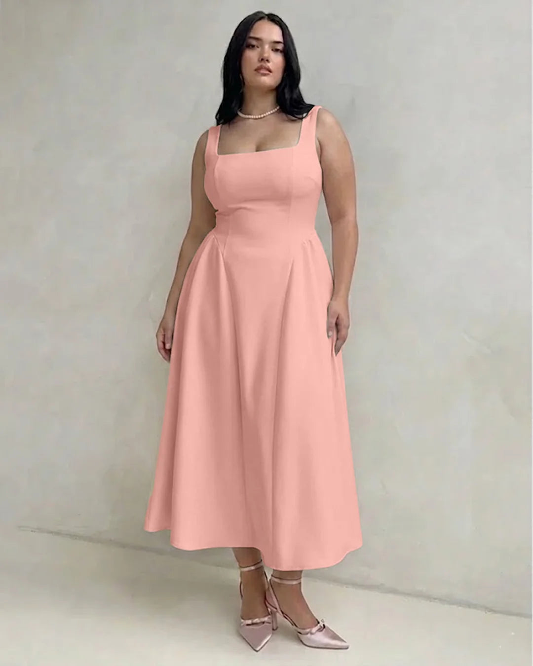 Square Neck Fit And Flare Sleeveless Midi Dress Curve and Plus in Dusty Pink