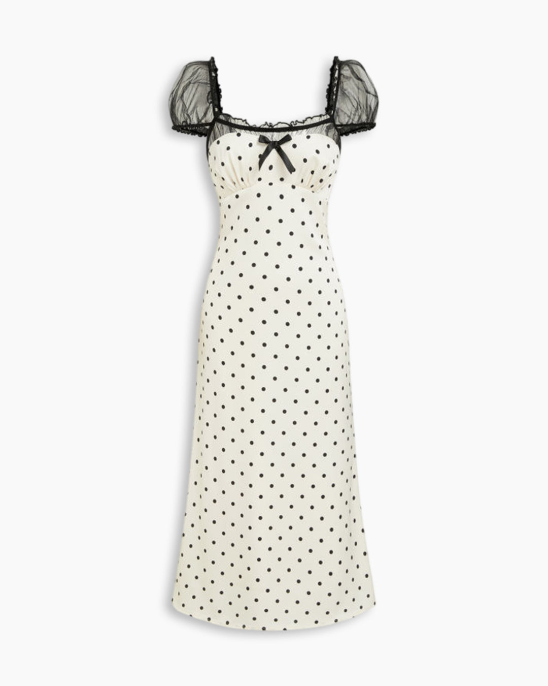 Square Neck Fit and Flare Polka Dot Net Puff Sleeves Midi Dress in Classic White
