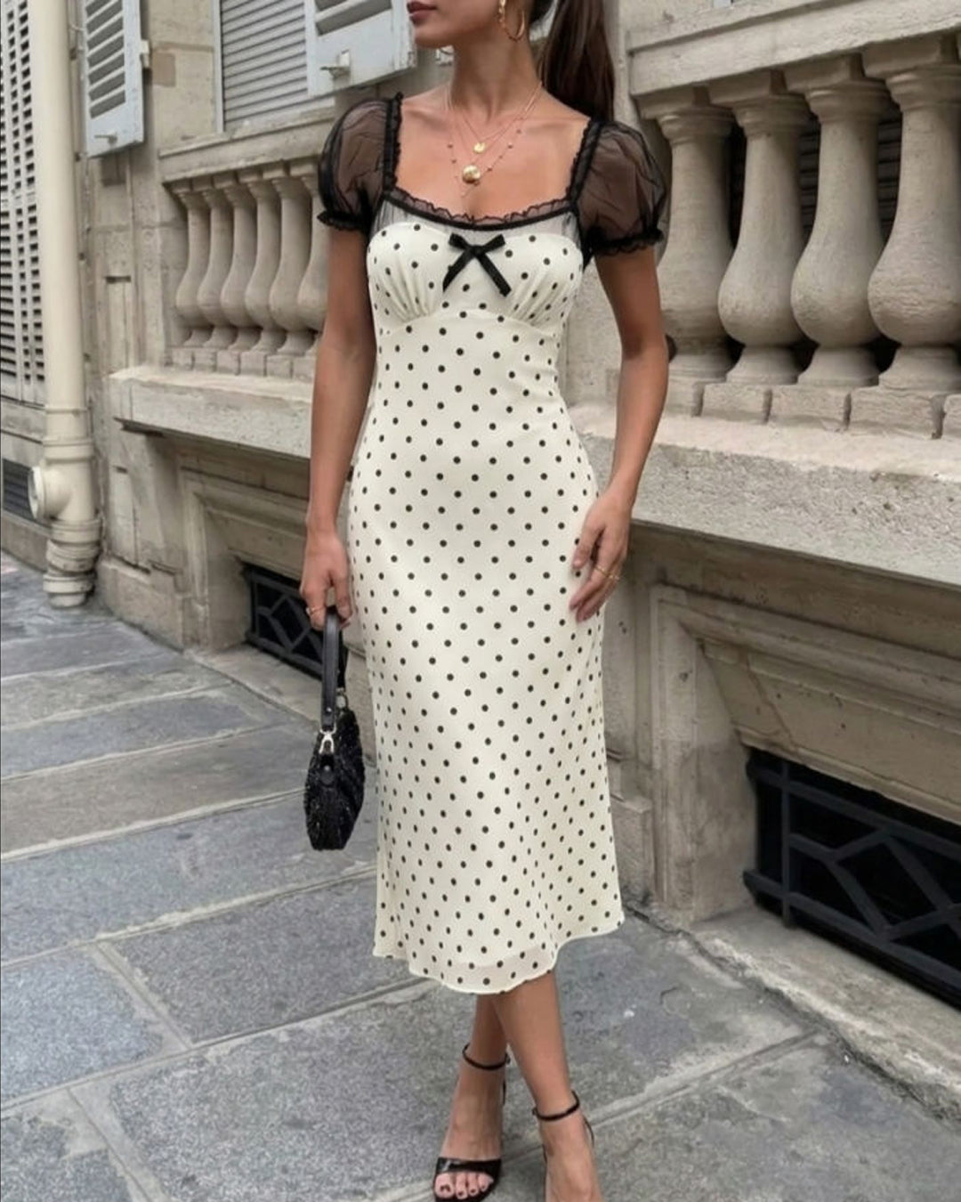 Square Neck Fit and Flare Polka Dot Net Puff Sleeves Midi Dress in Classic White