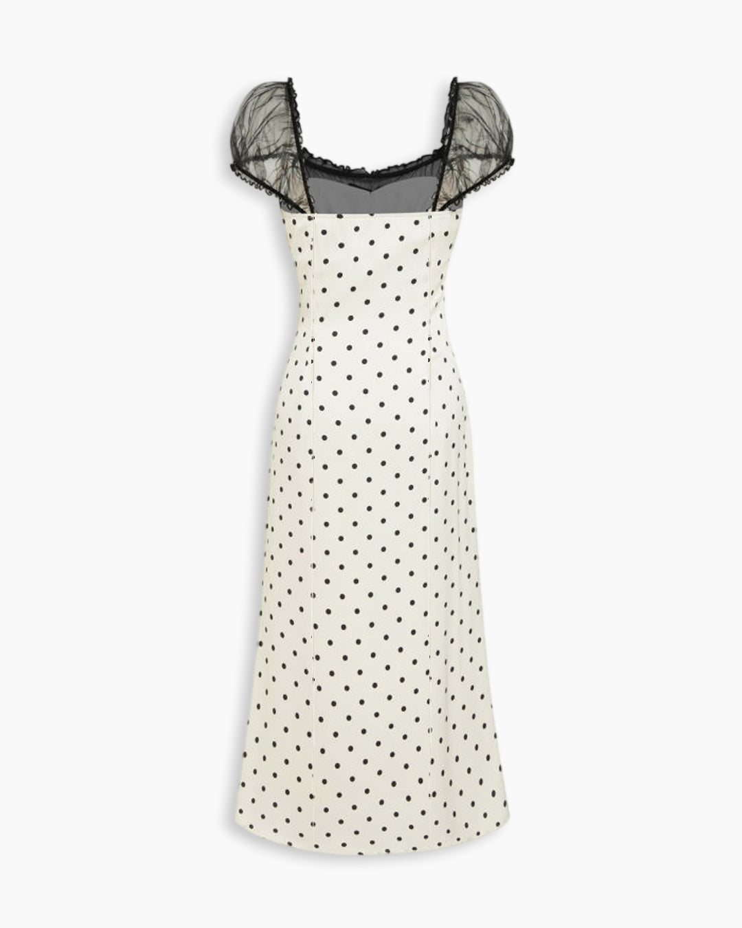 Square Neck Fit and Flare Polka Dot Net Puff Sleeves Midi Dress in Classic White