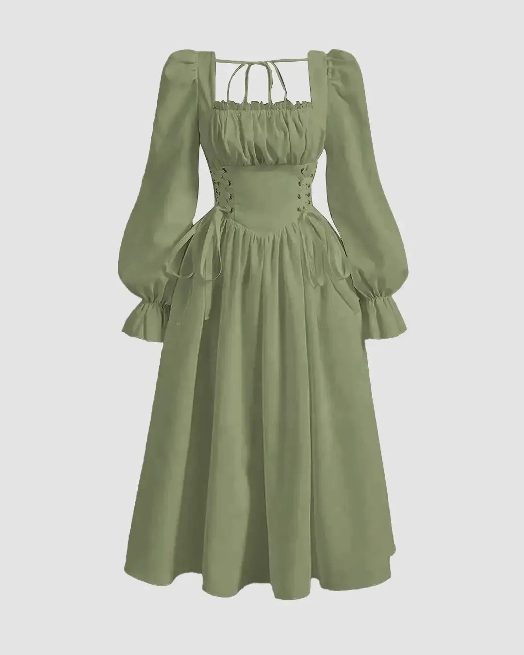 Square Neck Flare Sleeve Lace Up Waist Ruched Bust Vintage Dress In Herbal Green